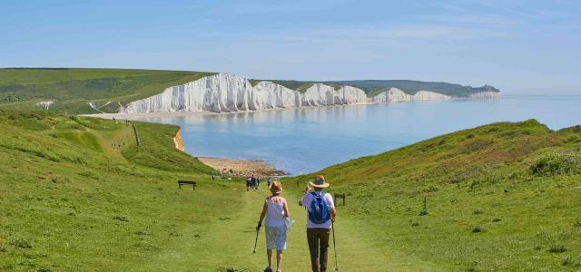 Couple walking in a field with the ocean in the background